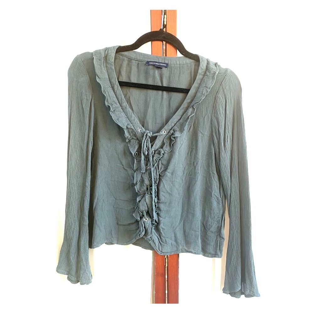 Lace up slight crop forest green top